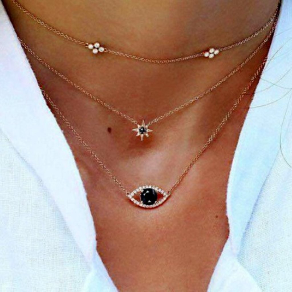 Black Evil Eye Rhinestone 3 Strand Gold Necklace